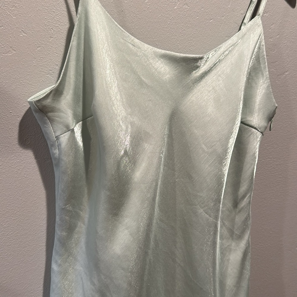 Forever 21 Seafoam Green Blue Satin Shimmer Mini Slip Dress Zip Side Flowy Hem - Picture 5 of 8